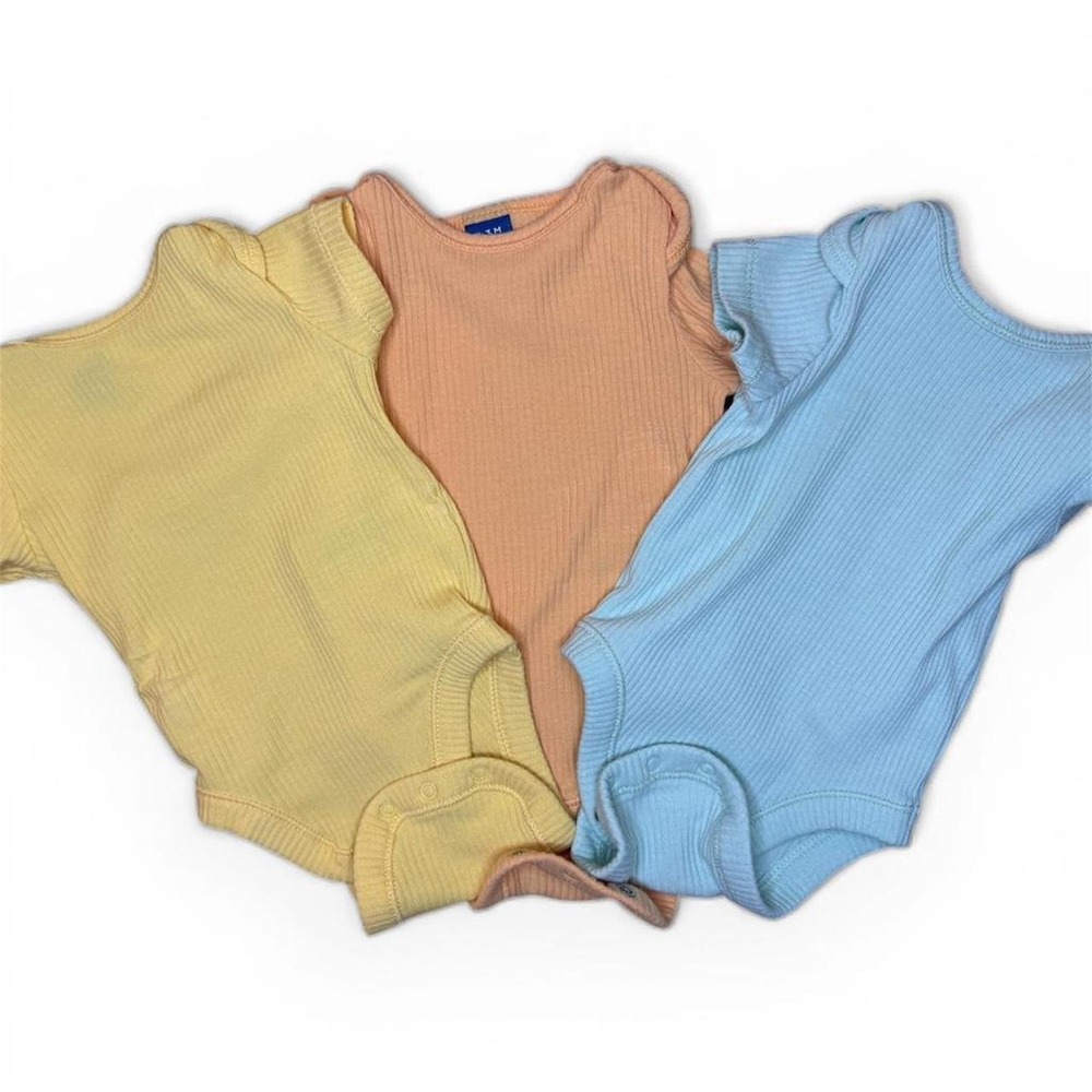 3 Pack Ribbed Short Sleeve Bodysuits Pastel Yellow Peach Blue Infant Set